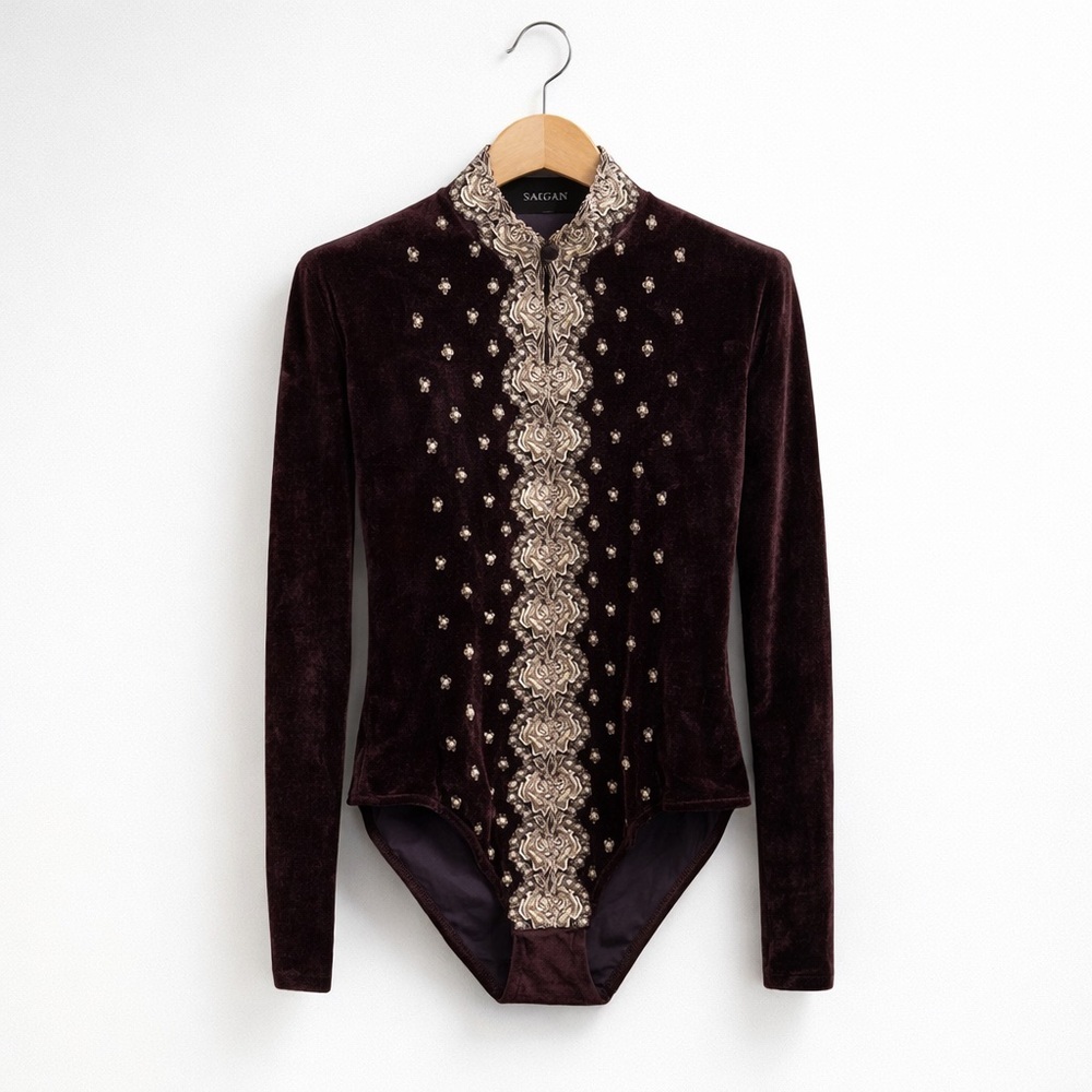 Sagaie Paris Velvet Embroidered Bodysuit Brown Gold Rare Vintage Stretch Size 1